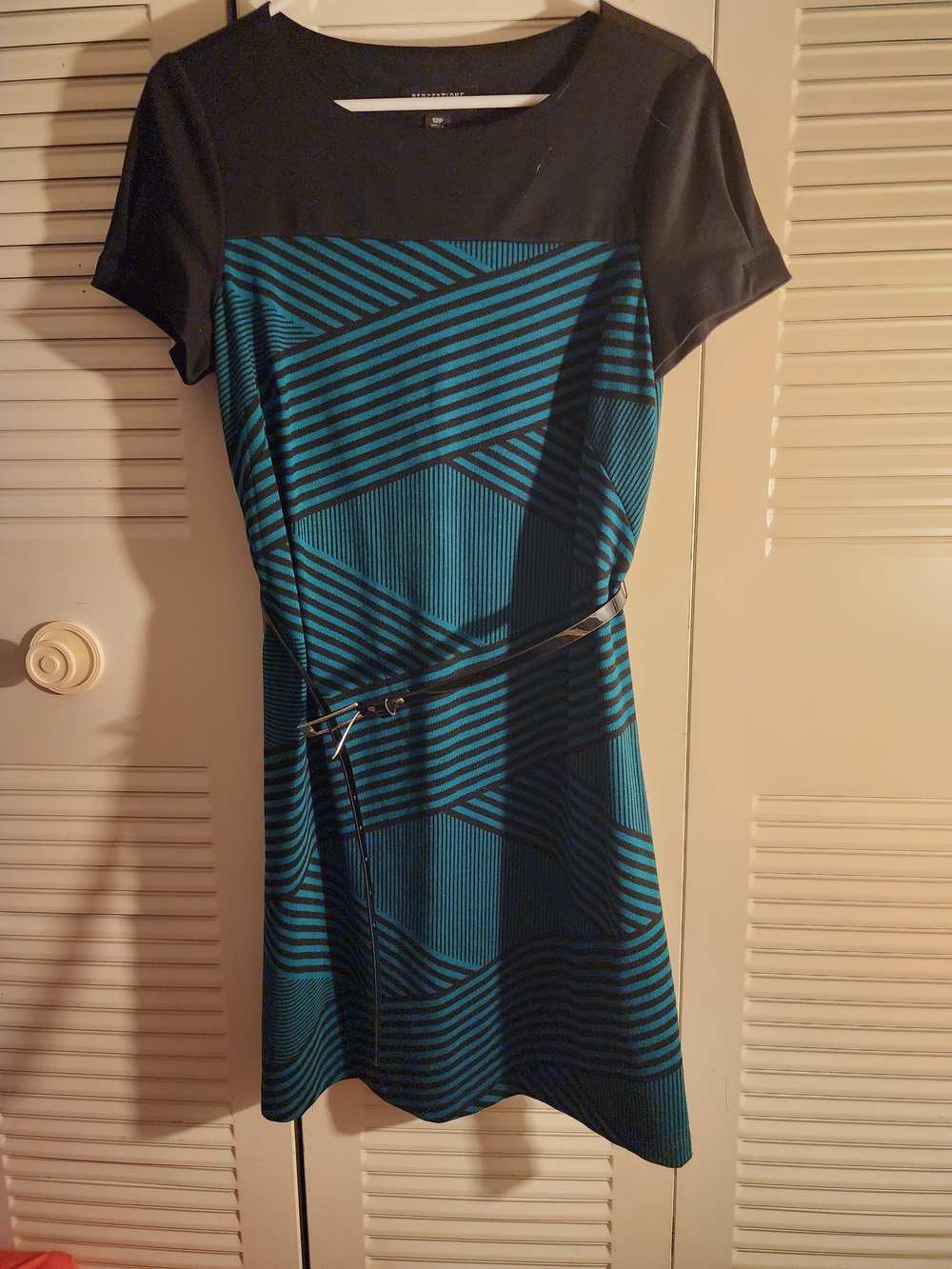 Perceptions Petite Teal and Black Geometric Belted Midi Dress, 12P